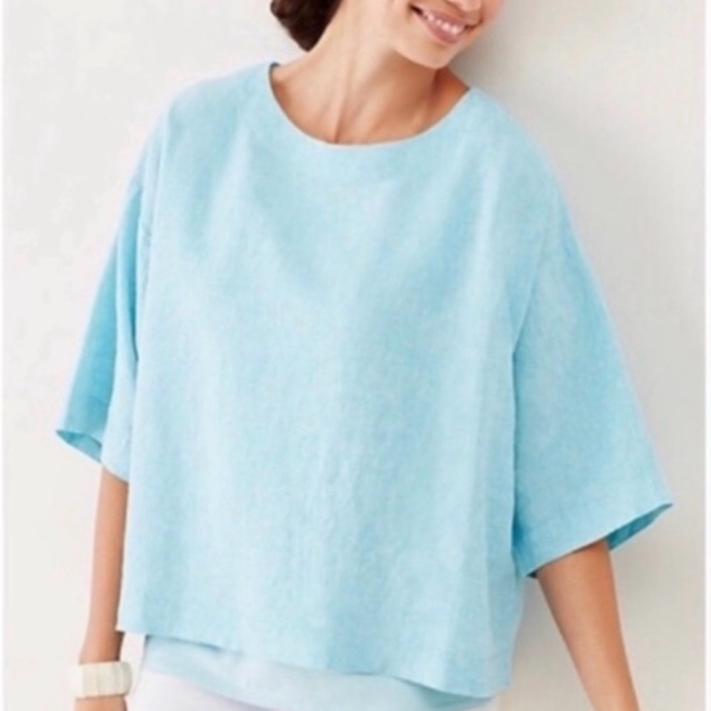 J. Jill Light Large Linen Top Blue Boxy Short-Sleeve